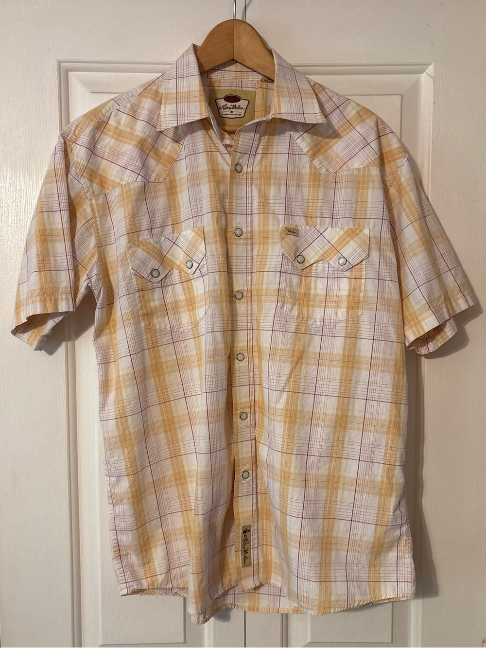 Larry Mahan Western Pearl Snap Men's Short-Sleeve Yellow Plaid Shirt - Large